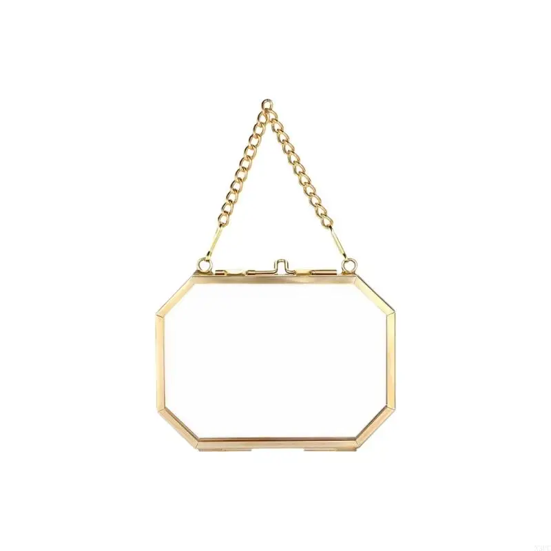 Octagonal Glass Pressed Flower Frame Home Decoration Floating Photo Frame with Metal Chain for Dried Flower Plant X3UC