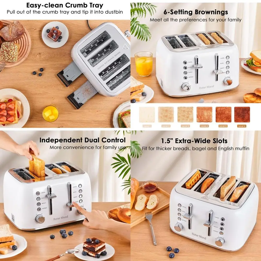 

Vintage Style 4-Slice Stainless Steel Toaster with Wide Slots, Bagel, Defrost, Reheat, Dual Controls, Removable Crumb Tray, 6 Sh