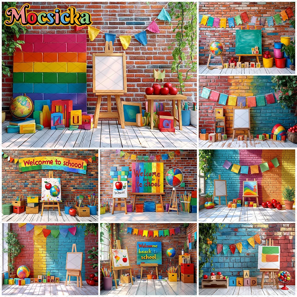 

Mocsicka Painting Photography Backdrop Back To School Colored Brick Wall Decoration Student Child Photo Background Studio Banner