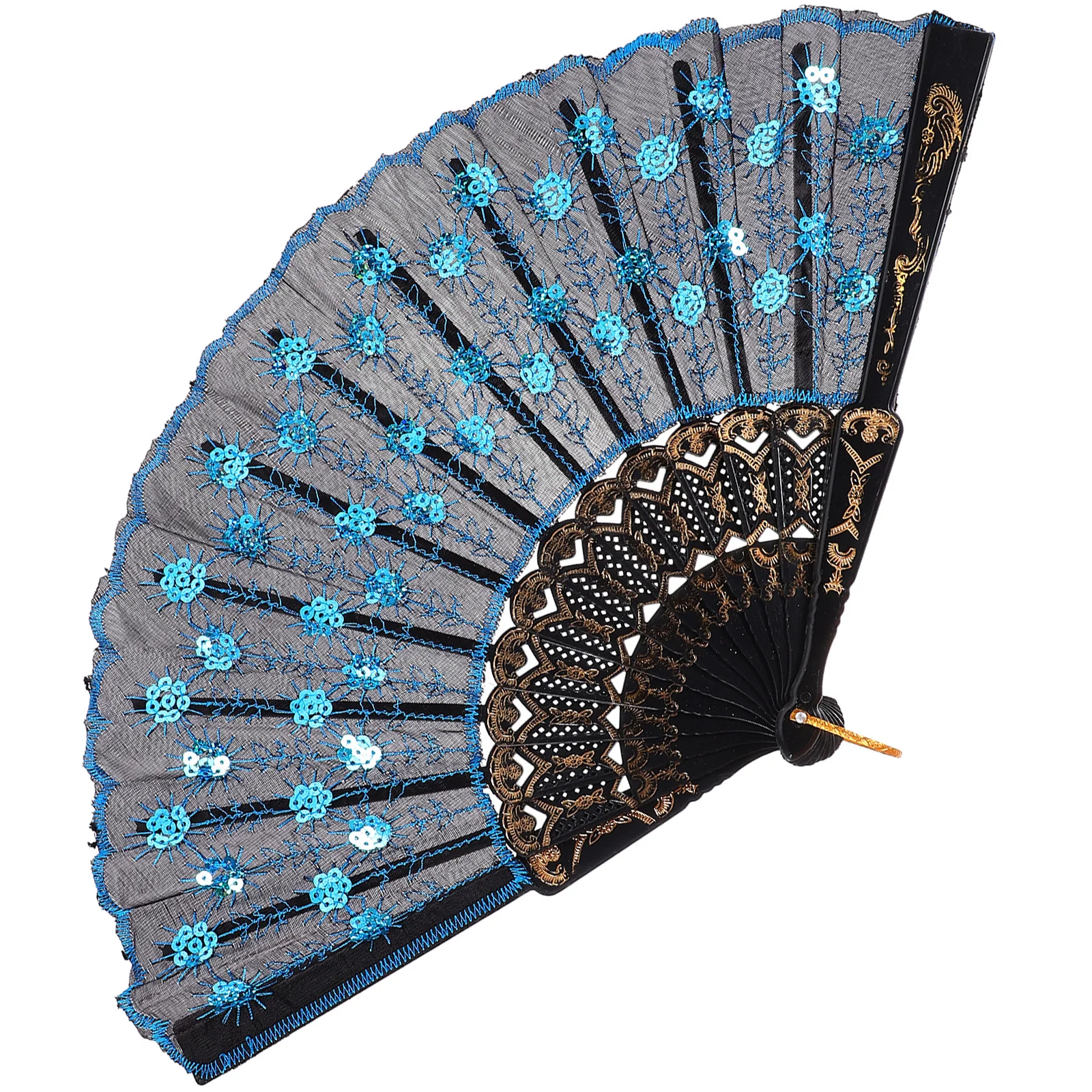 

Hand Folding Fan with Sequined Peacock Embroidery Vintage Oriental Handheld Fan for Wedding Party Home Decor Hand Fans