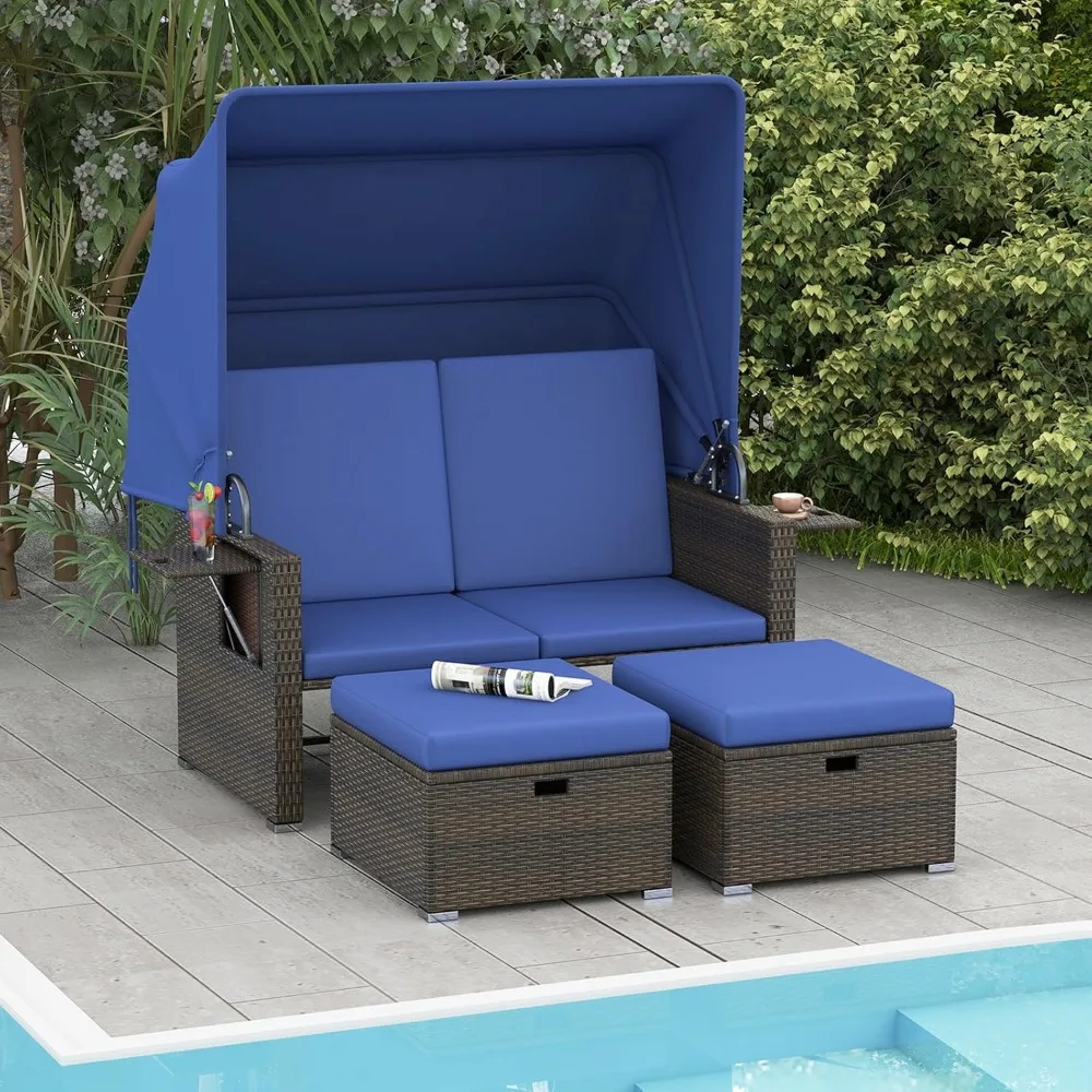 

Плетеная уличная кушетка с навесом — набор двухместных диванов из ротанга с пуфиками для хранения вещей, регулируемой спинкой, выдвижными подносами, шезлонг Dou