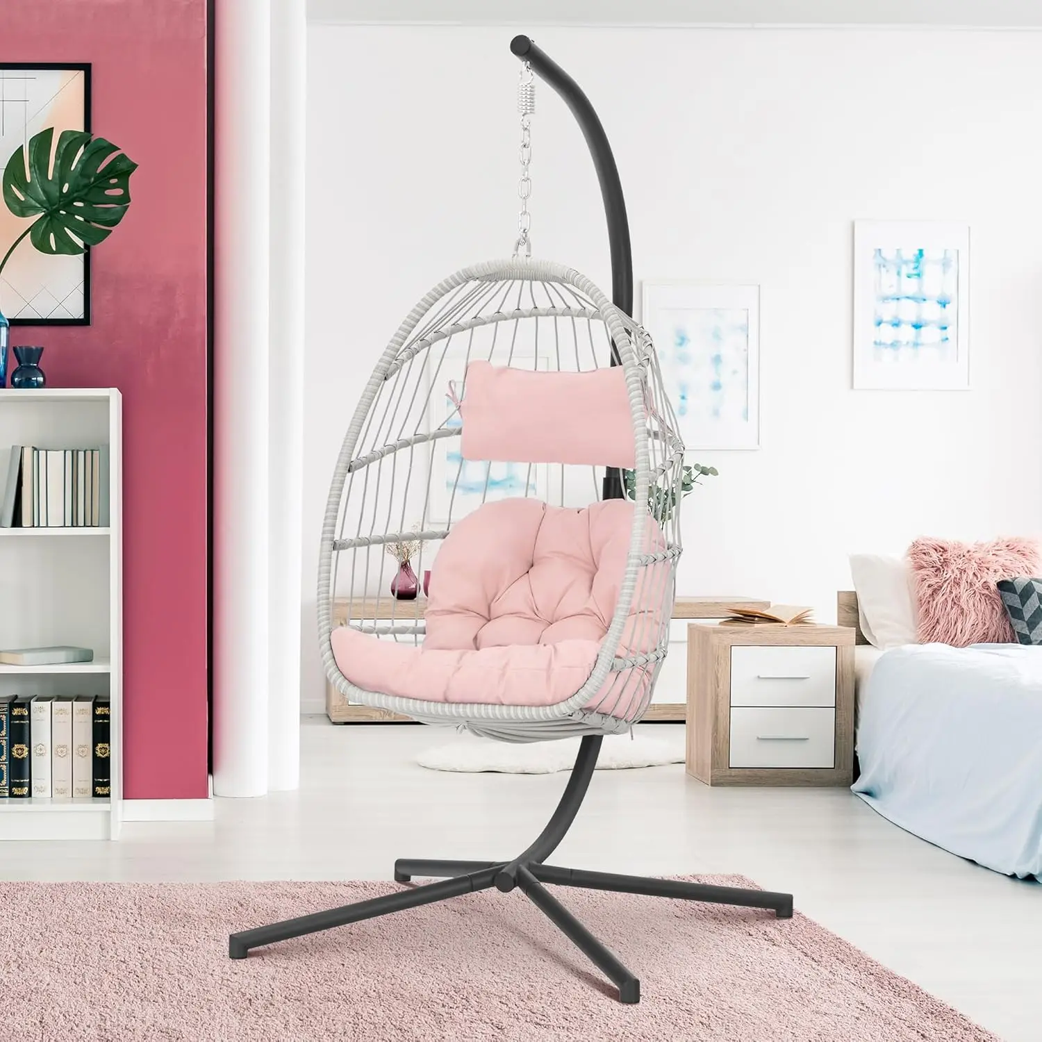 Chair with Stand - Pink Swing Egg Chairs Wicker Rattan Hammock Chairs for Indoor Outdoor Bedroom Garden - Aluminum