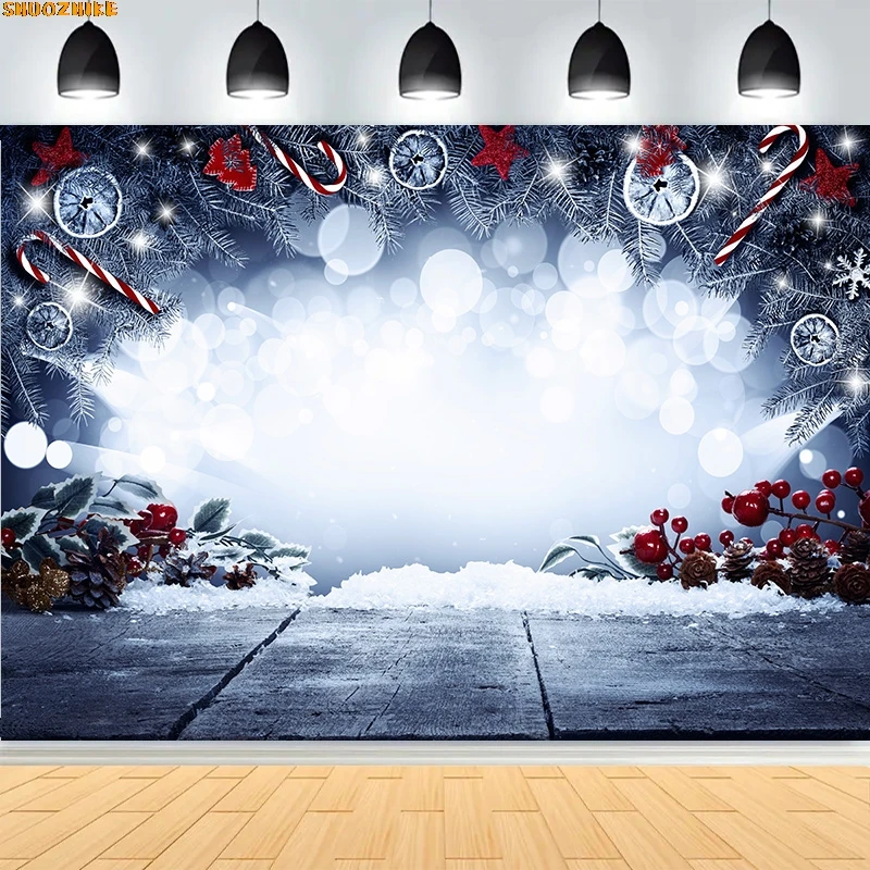 

Snowy Wooden Table Christmas Day Ornament Background Abstract New Year Party Halo Defocused Lights Photography Backdrops XA-01