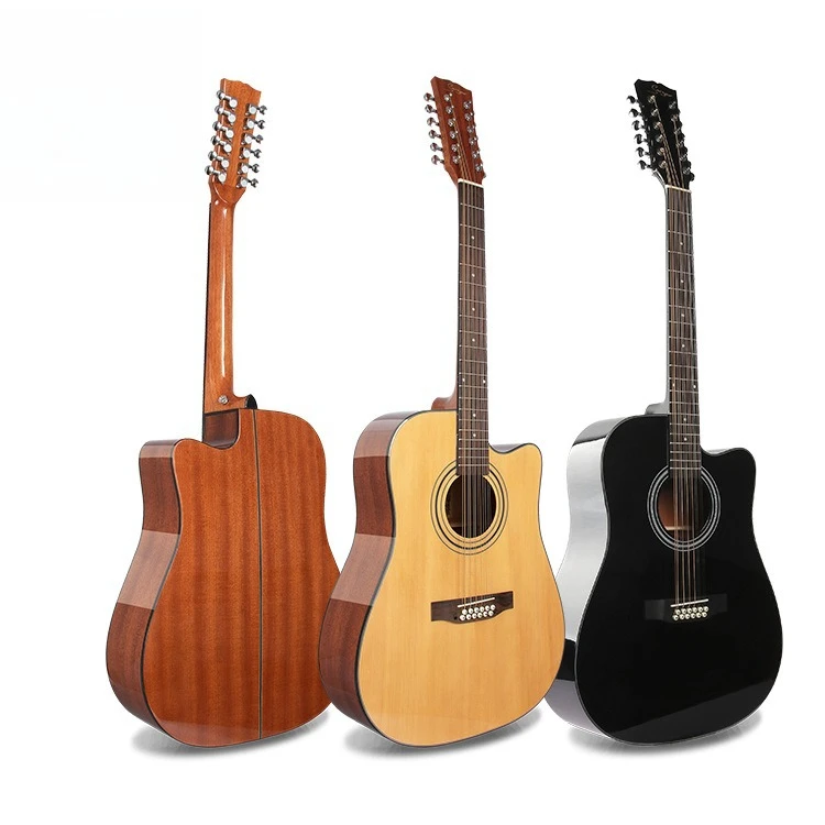 Guitarra acústica de 12 cuerdas abeto Sapele negro brillante guitarra de doble cuerda compatible con pastilla eléctrica suministro de fábrica al por mayor