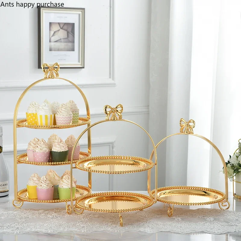 Single Layer Two Layers Three Layers Bow Metal Cake Stand Gold Silver Round Pearl Dessert Cake Pan Fruit Tray Display Stand