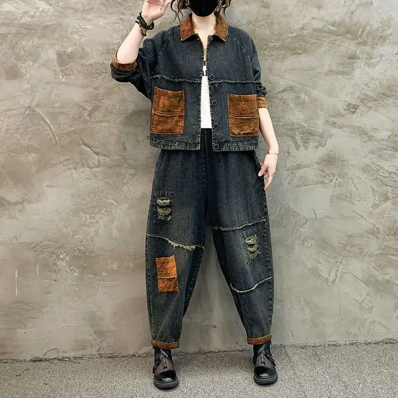 Autumn Winter Women Retro Cowboy Set 2026 New Large Size Women Casual Loose Short Denim Jacket + Jeans Pants 2-piece Suit Outfit