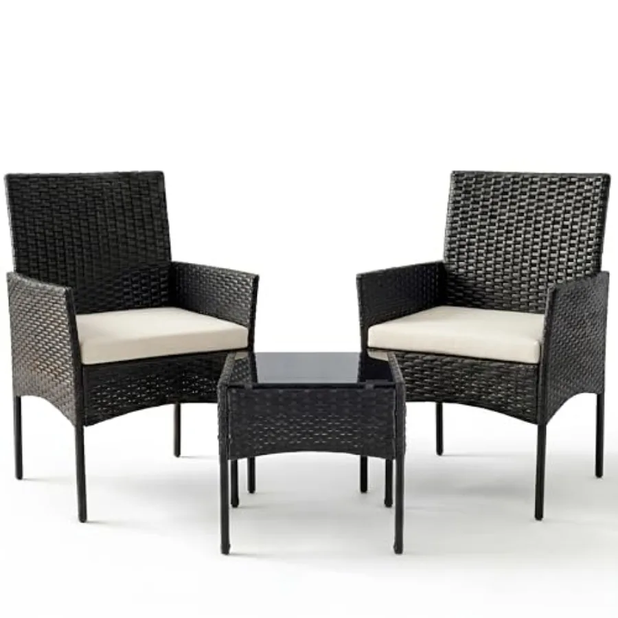 

Balcony patio furniture set: all-weather resin wicker, gray, removable beige cushions + tempered glass table, compact bistro st