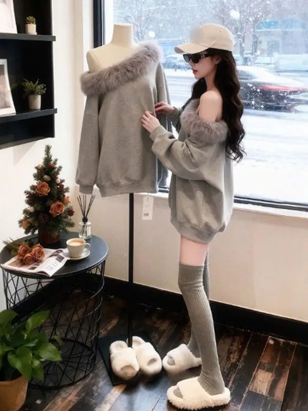 

Unique Lazy Sle Korean Design oulder Slanting Loose Sweatirt Winter Faionable Comfortable Long Sve Crew Ne Pullover