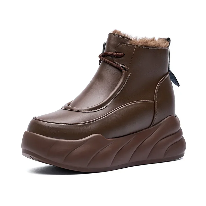 

Winter Women's Snow Boots Fashion Leather Chunky Ankle Boots Plush Lined Women Cozy High-top Platform Boots Сапоги Трубы Женские