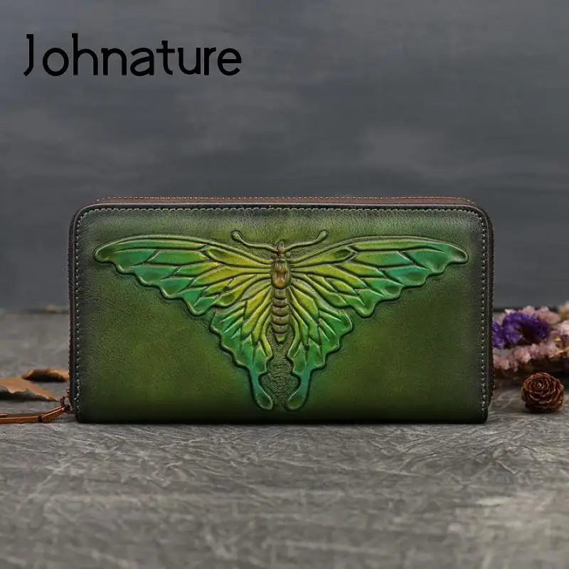 Johnature 2024 New Butterfly Embossed Genuine Leather Wallets Women Retro Cowhide Wallet Card Holder Handmade Long Purse