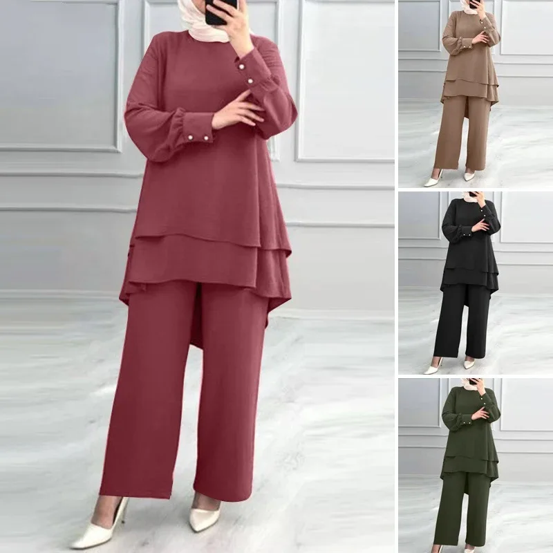 أطقم بلوزات إسلامية بلون سادة، تصميم مكون من طبقتين، قميص تركي، بلوزة وسراويل للسيدات المسلمات