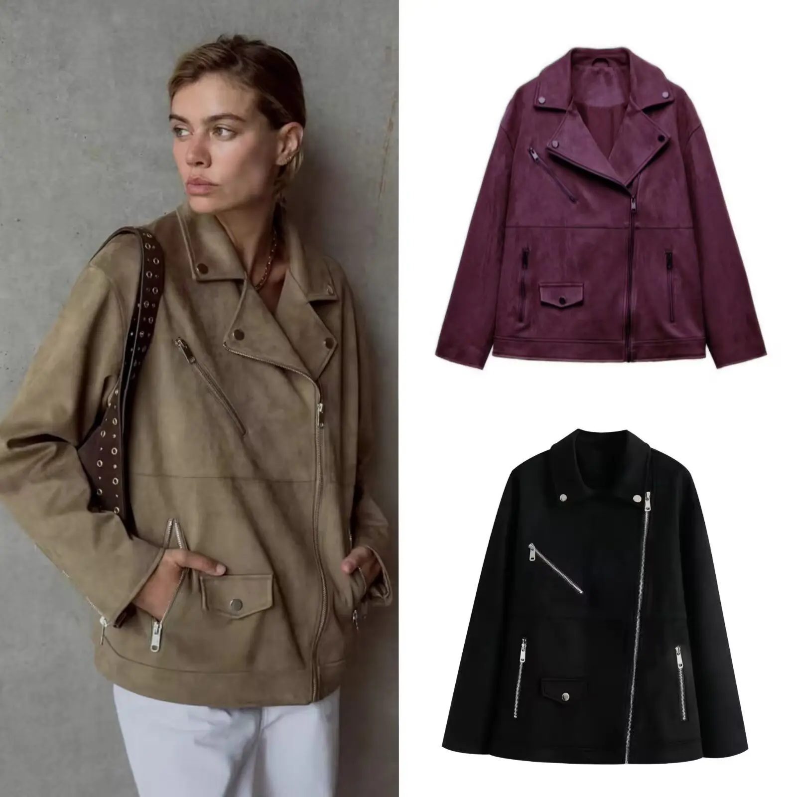 

New Spring Autumn Women Loose Faux Soft Leather Jacket Streetwear Female Vintage Zipper Lapel Coat Outwear