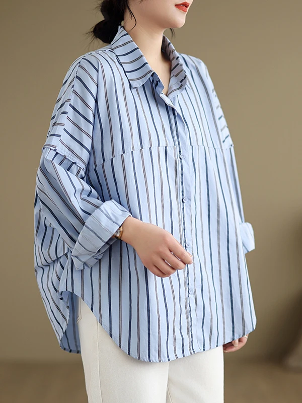 

Чистый хлопок в полоску «летучая мышь» Sve irt винтажный свободный крой с отложным воротником в корейском стиле ранняя осень брендовые женские пуговицы irt