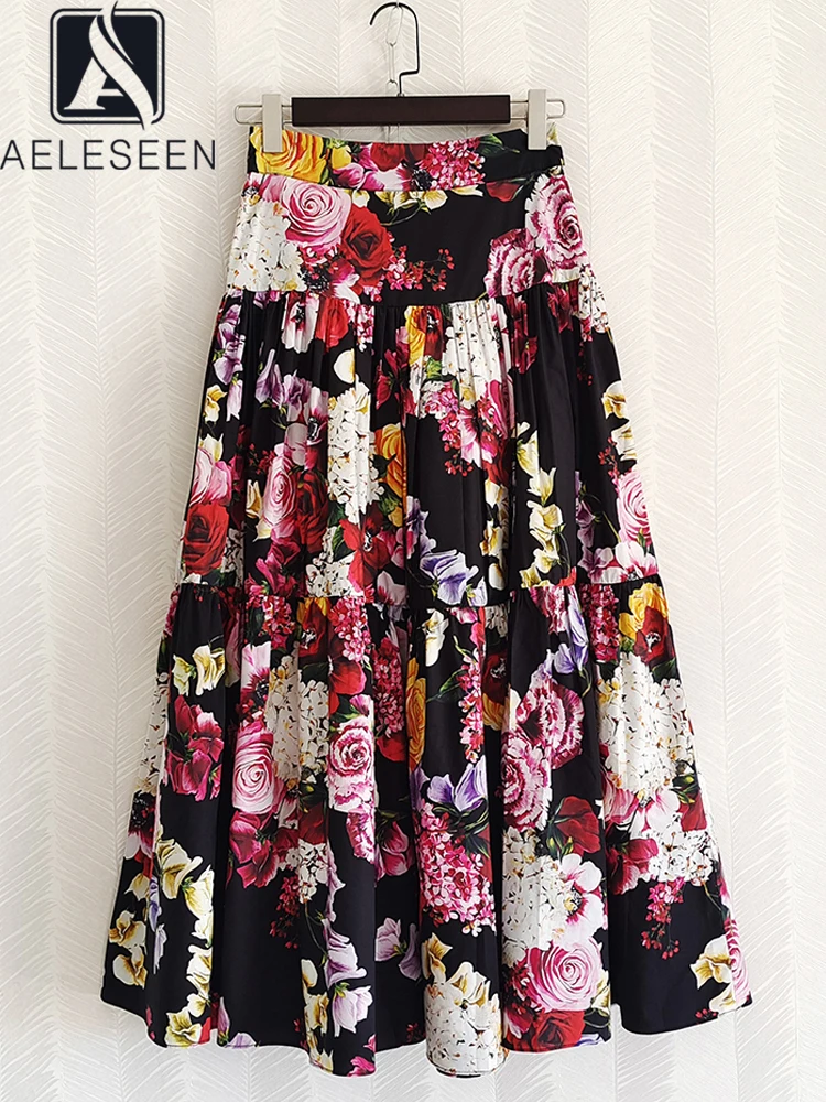 AELESEEN High Quality 100% Cotton Sicilian Skirt Women Runway Fashion Autumn Flower Printed Holiday Party Vacation Poplin