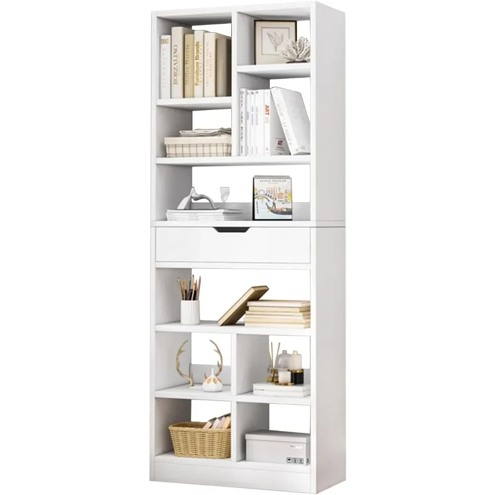 Wooden Open Shelf Bookcase - 71 Inches Tall Freestanding Display Storage Cabinet Organizer With 10 Cubes and a Drawer Bookshelf