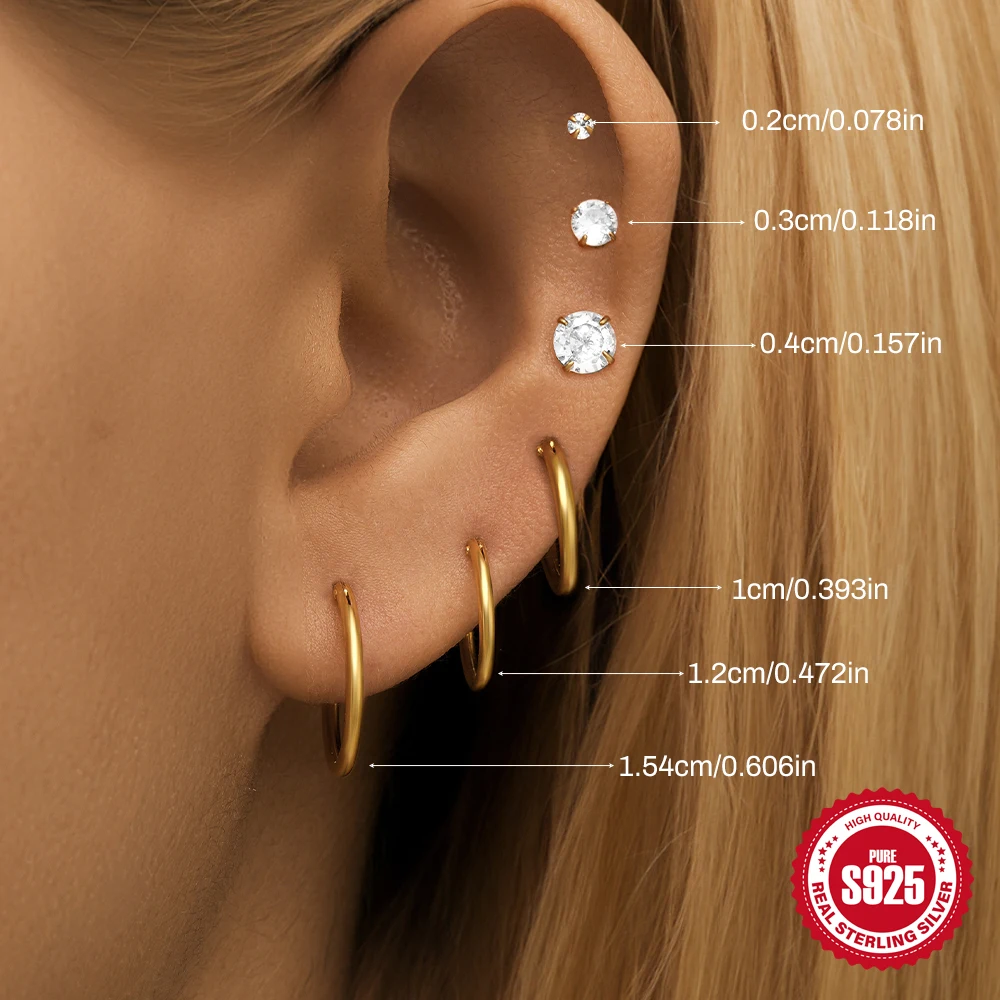 CANNER New Trend 6pcs/set S925 Sterling Silver Mini Clear Stud Earrings for Women Hoop Earring Jewelry Gift Pendientes oorbellen