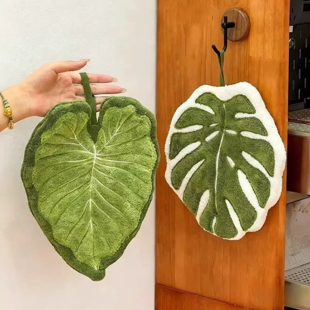 New Cartoon Leaf Hand Towel Absorb Water Coral Velvet Kitchen Handkerchief Hanging Thickened Cleaning Cloth Kitchen