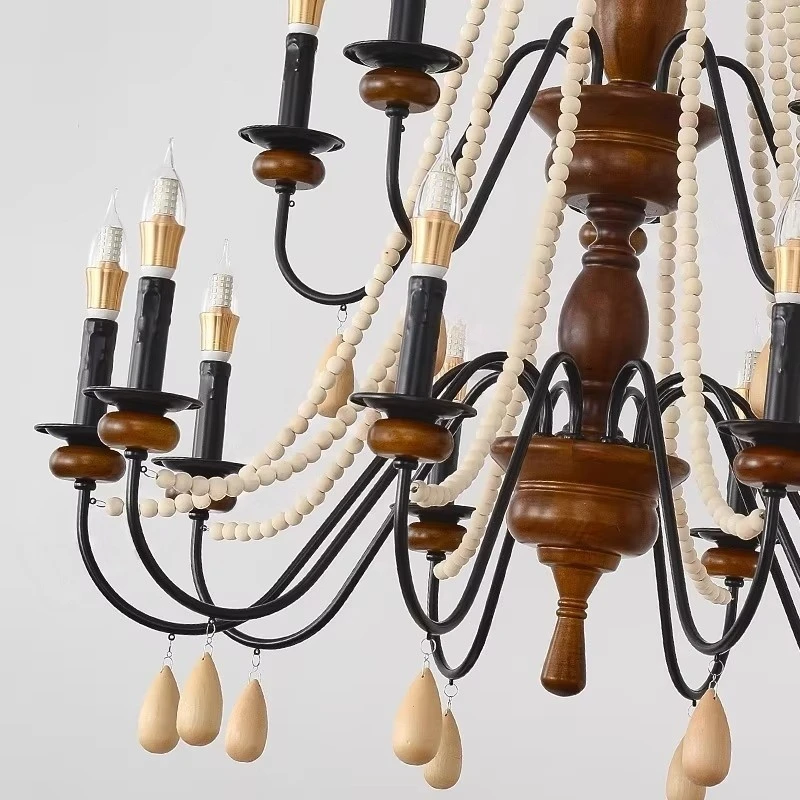 Villa Lobby Chandelier American Vintage Solid Wood Duplex Triple Story Staircase Atrium Living Room French Luxury Pendant Light
