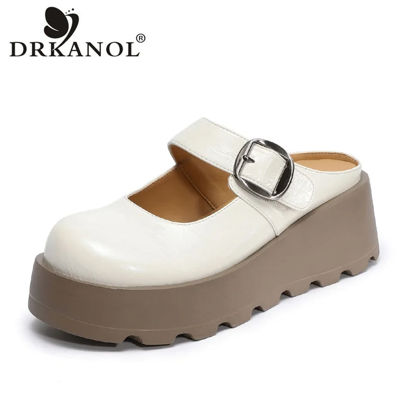

DRKANOL Women Wedges Heel Slippers Summer Genuine Leather Platform Height Increasing Slippers Ladies Outside Sandals Shoes Beige