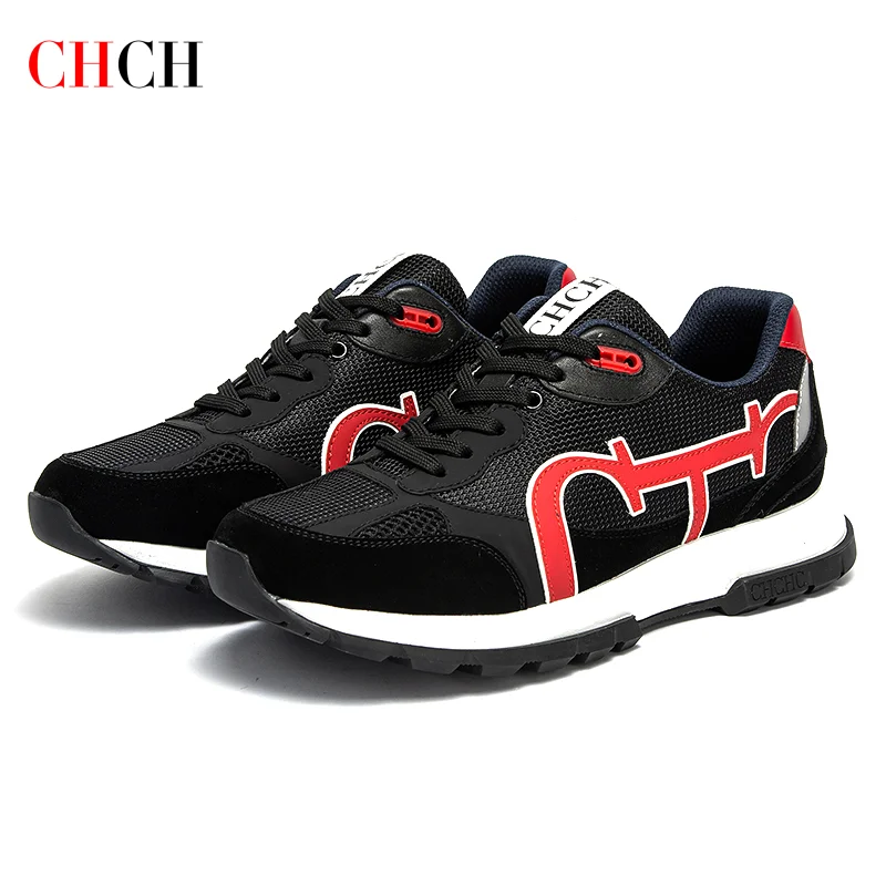 CHCH Men's Tennis Shoes Black Cow Leather Material Stitching Design Men's Shoes Sports Shoes