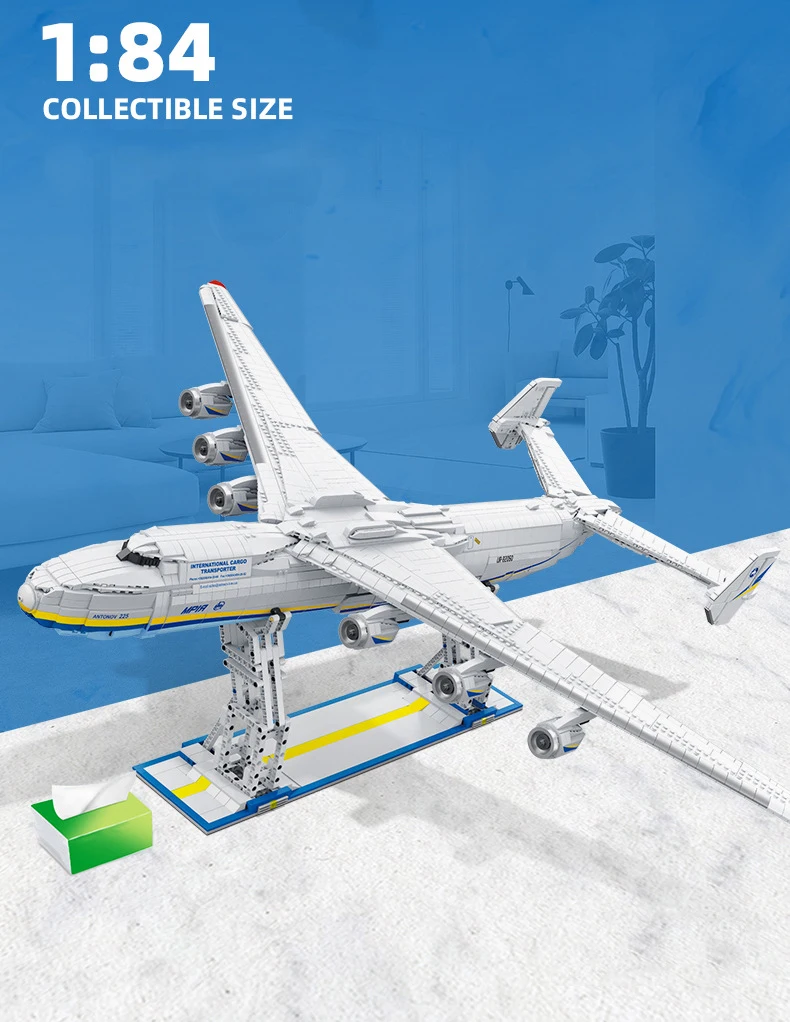 1:84 Maßstab Modernes Fahrzeug An-225 Militär-Transportflugzeug Baustein Sowjetisches Flugzeugmodell Konstruktions-Bausteine Spielzeug – Detail 4