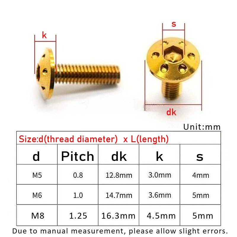 304 Stainless Steel Vacuum Electroplating Electric Motorcycle Brake Disc Modification Screw M5 M6 M8 Ultralight Anti-corrosion
