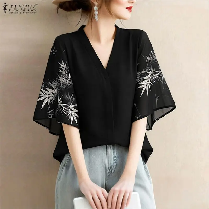 2026 ZANZEA Women Blouse Trend Summer Floral Patchwork Blouses Fashion V Neck Half Sleeve Tops Mujer Female Elegant Work Shirt