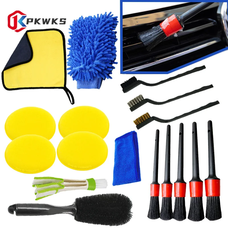PKWKS 17Pcs Car Detailing Brush Set Car Cleaning Brushes Sponges Towels for Car Air Vents Rim Cleaning Dirt Dust Clean Tools