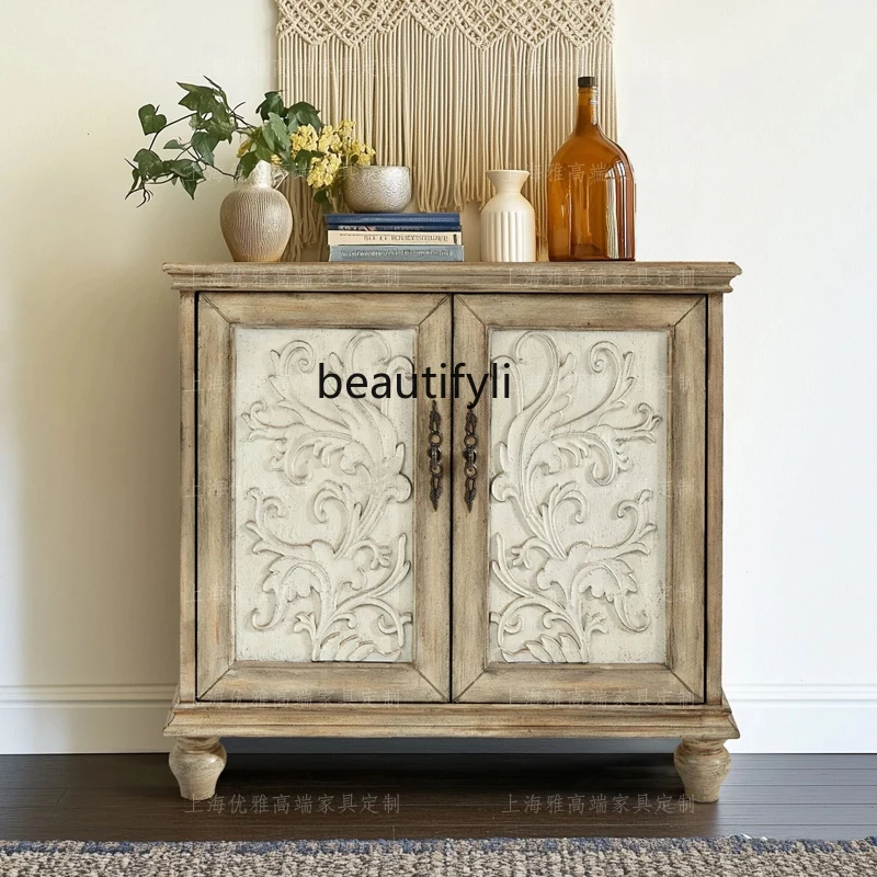 

American Country Style Solid Wood Carved Entryway Cabinet Vintage Living Room Entryway Storage Cabinet