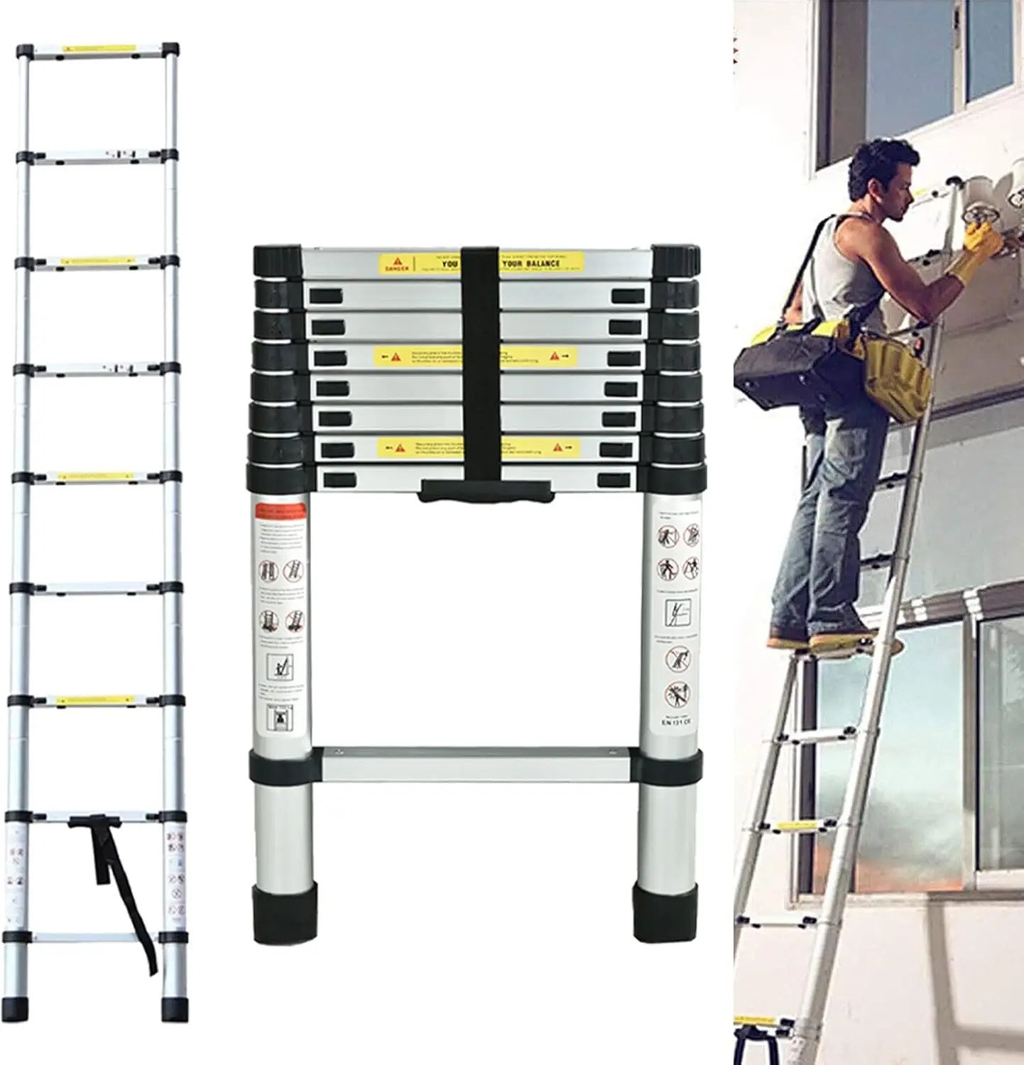 Extension Ladder 8.5FT Aluminum Lightweight Telescopic Ladder with Locking Mechanism Multi-Purpose Collapsible