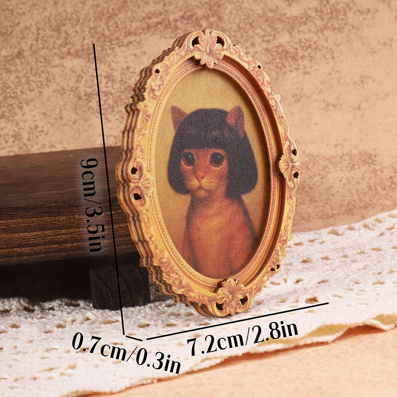 Mini Vintage Picture Frame Creative Wooden Fridge Magnet Oval Cat & Haircut Modern Kitchen Decor Durable Refrigerator Ornament