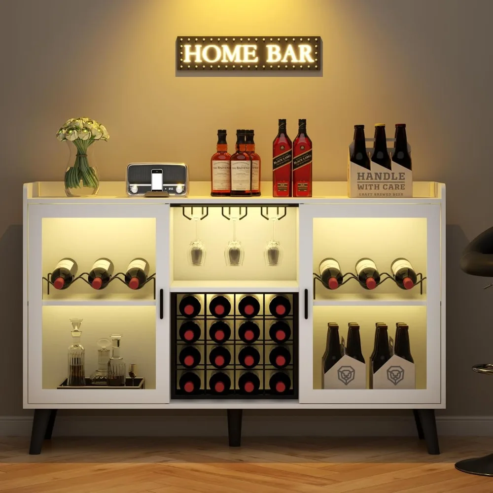 Wine Bar Cabinet with LED Light, Home Coffee Cabinet with Wine Rack and Glass Holder, Kitchen Buffet Sideboard W Storage