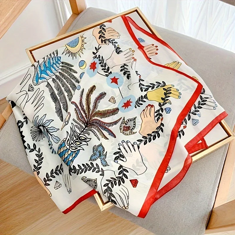 

Vintage Inspired Square Scarf Women Colorful Botanical Abstract Design Neck Accessory Headscarf Hair Scarf