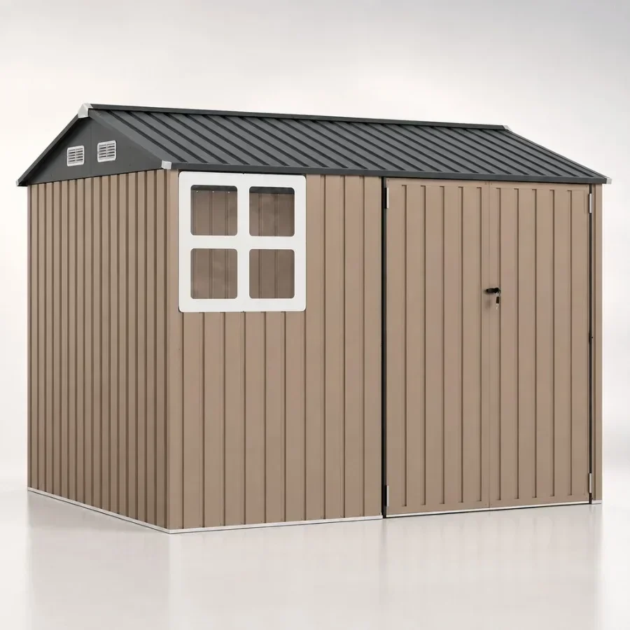 6x8 Ft Heavy-Duty Galvanized Steel Storage Shed for Backyard, Garden, Garage, Patio Brown, Lockable Door Windows, Sloped Roof
