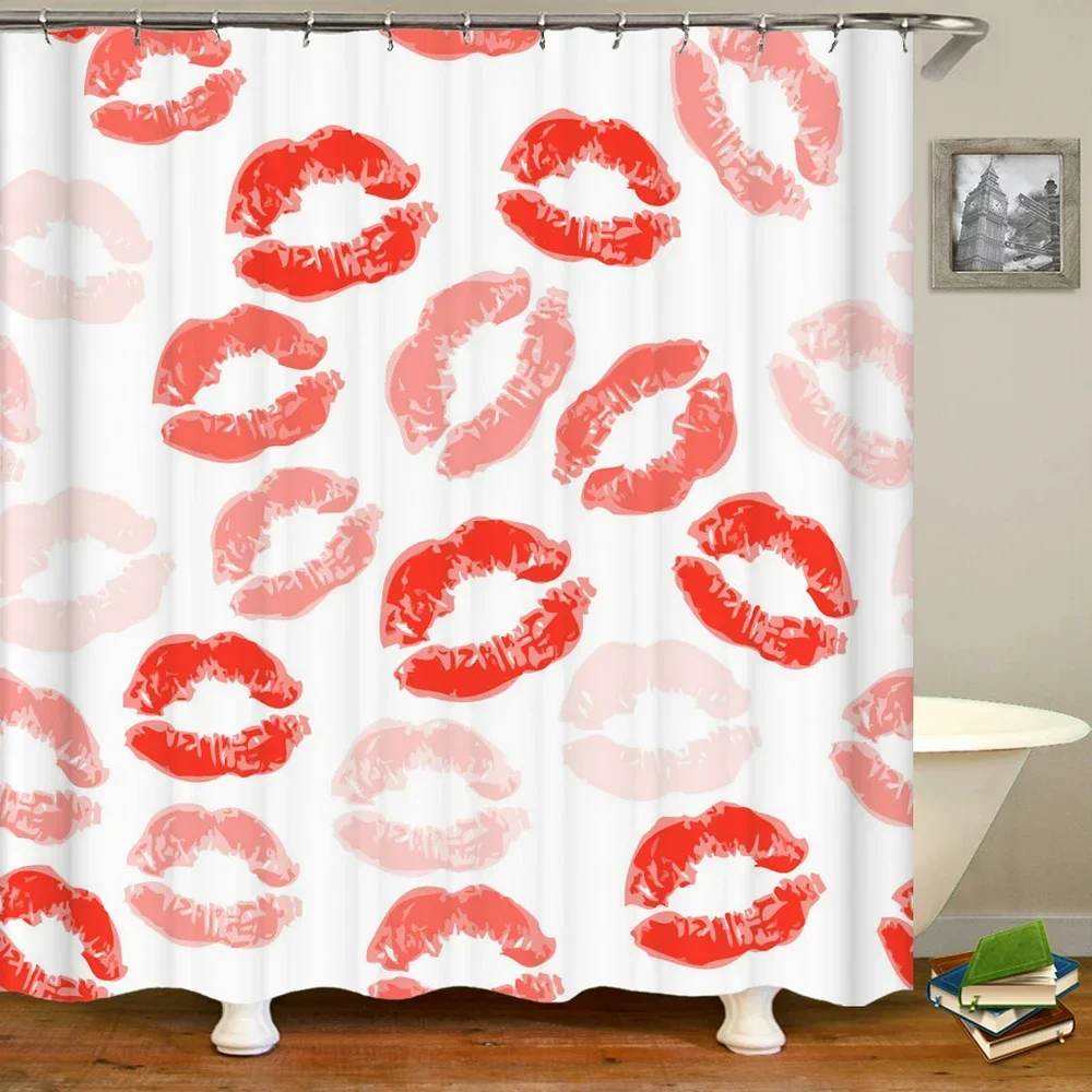 Happy Valentines Day Shower Curtains Bathroom Curtain Rose Love  Kiss Red lips Romantic Decor Shower Bath Waterproof Fabric