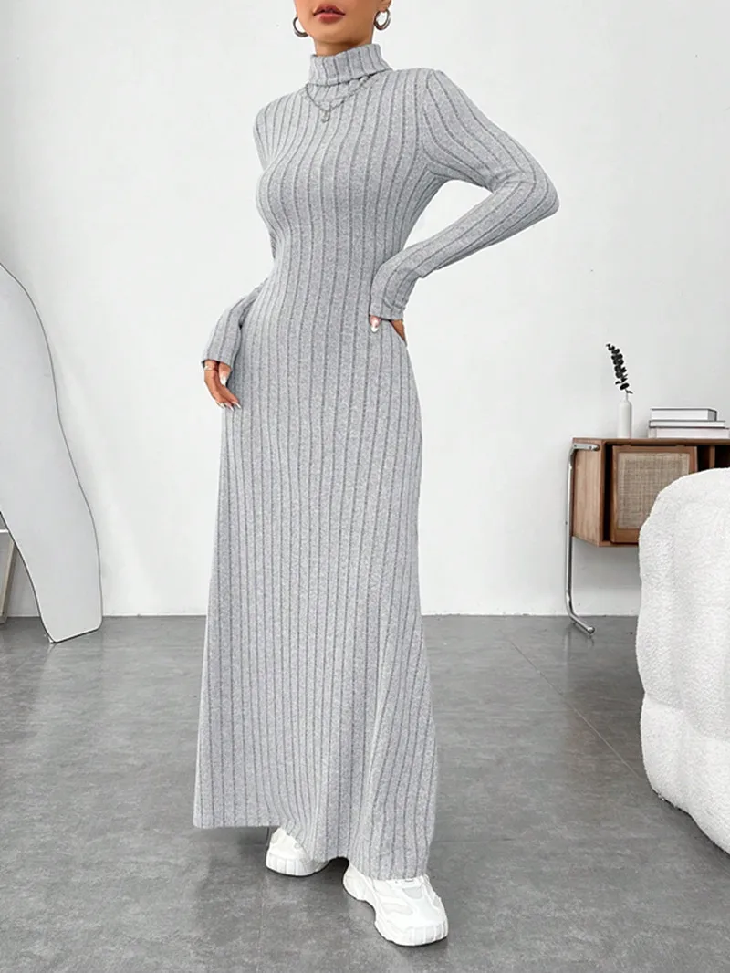 Women\'s Elegant Autumn Winter Turtleneck Knit Long Dress Female Solid Color Slim Trend Preppy Oversized Female Vestidos