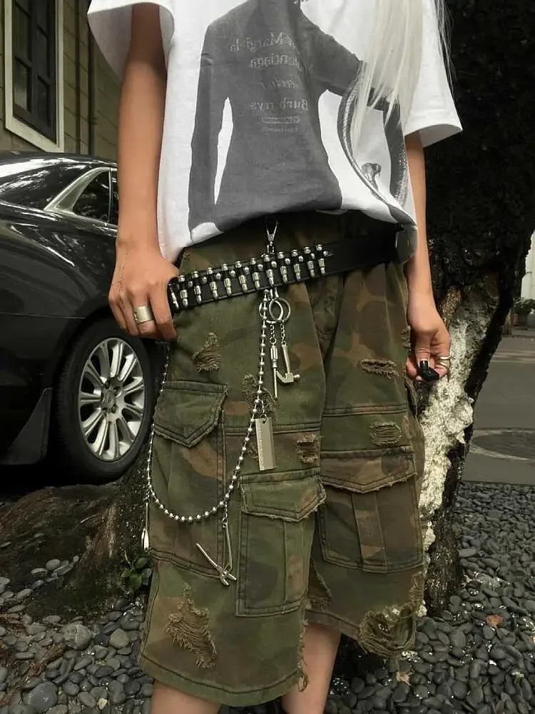 Oversize American Street Hole Camouflage Shorts for Women 2025 New Loose Calf- Length Pants Y2k High Waist Wide Leg