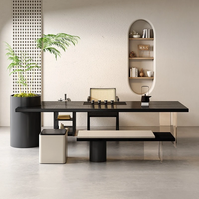 Carbonized black solid wood large board tea table and chair combination simple modern office creative kung fu log tea table wabi