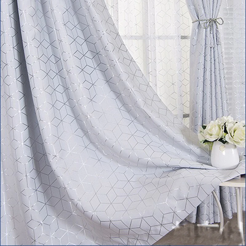 Dreamwood Off-White Backing Fabric Silver Geometric Print Thickened Blackout Curtains for Living Room and Bedroom