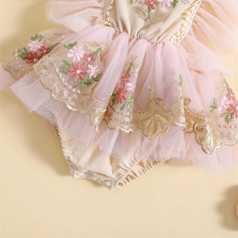 0-24M Newborn Baby Girl Boho Romper Dress Embroidery Flower Lace Tutu Bodysuits with Headband Photography Princess Clothes