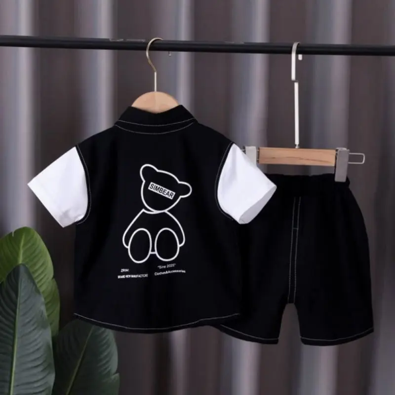 Ensemble de vêtements d'été pour enfants, 2 pièces, chemise et short à manches courtes, motif ours de dessin animé, pour bébés garçons