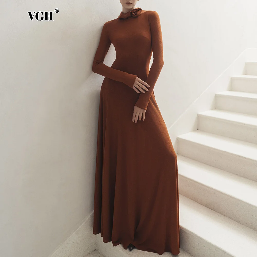 VGH Elegant Temperament Solid Maxi women's Dress Stand Collar Long Sleeve High Waist Minimalist Folds Dresses Female Autumn New