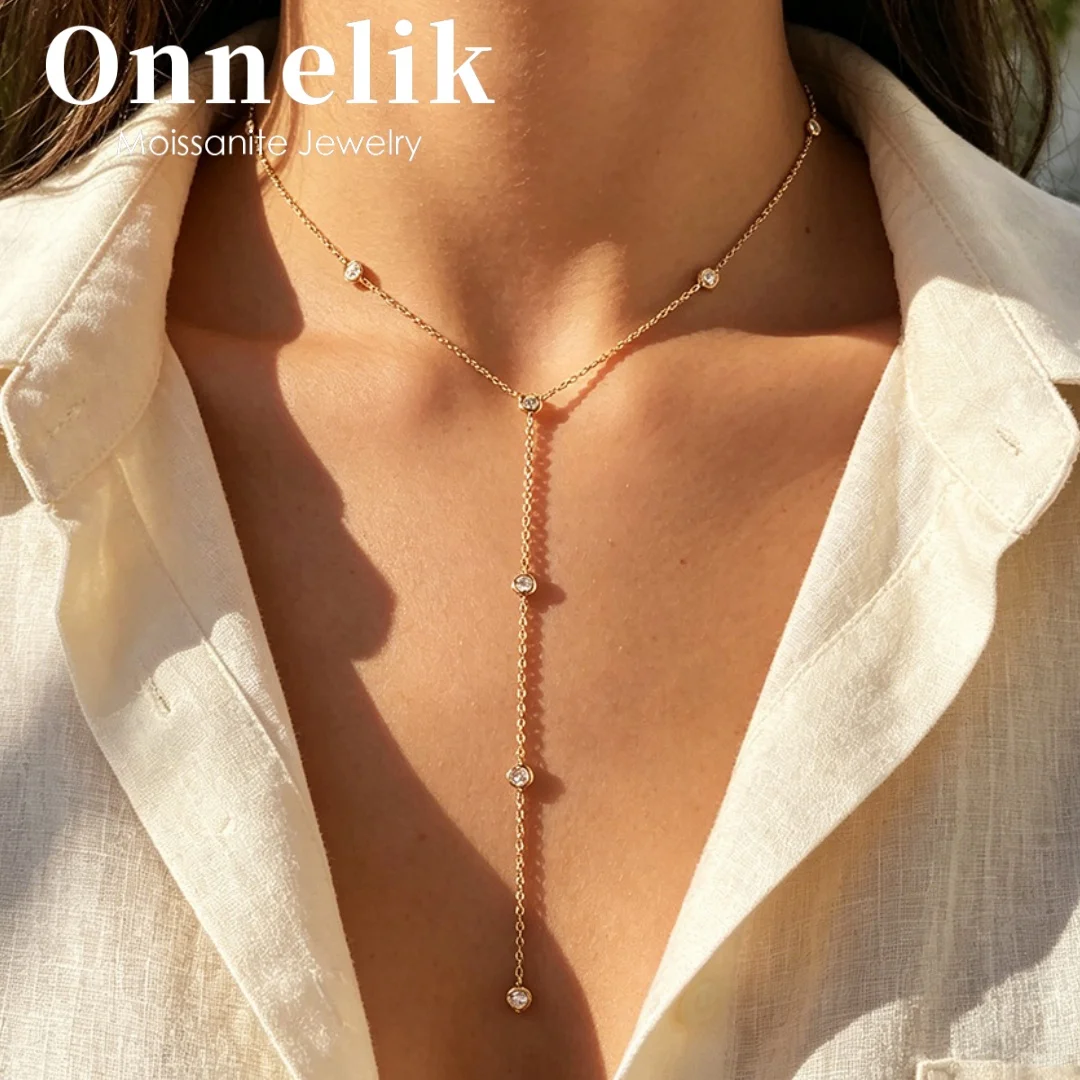 

Onnelik Y-shaped 0.1ct Moissanite Necklace S925 Sterling Silver Long Chain Luxury Wedding Party Gift for Women Elegant Jewelry