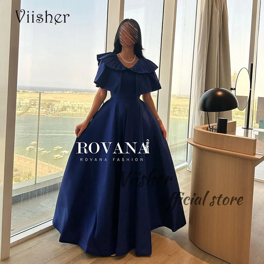 

Royal Blue Taffeta Evening Dresses Short Sleeve V Neck Pearls A Line Formal Dress Floor Length Arabian Dubai Prom Party Gowns