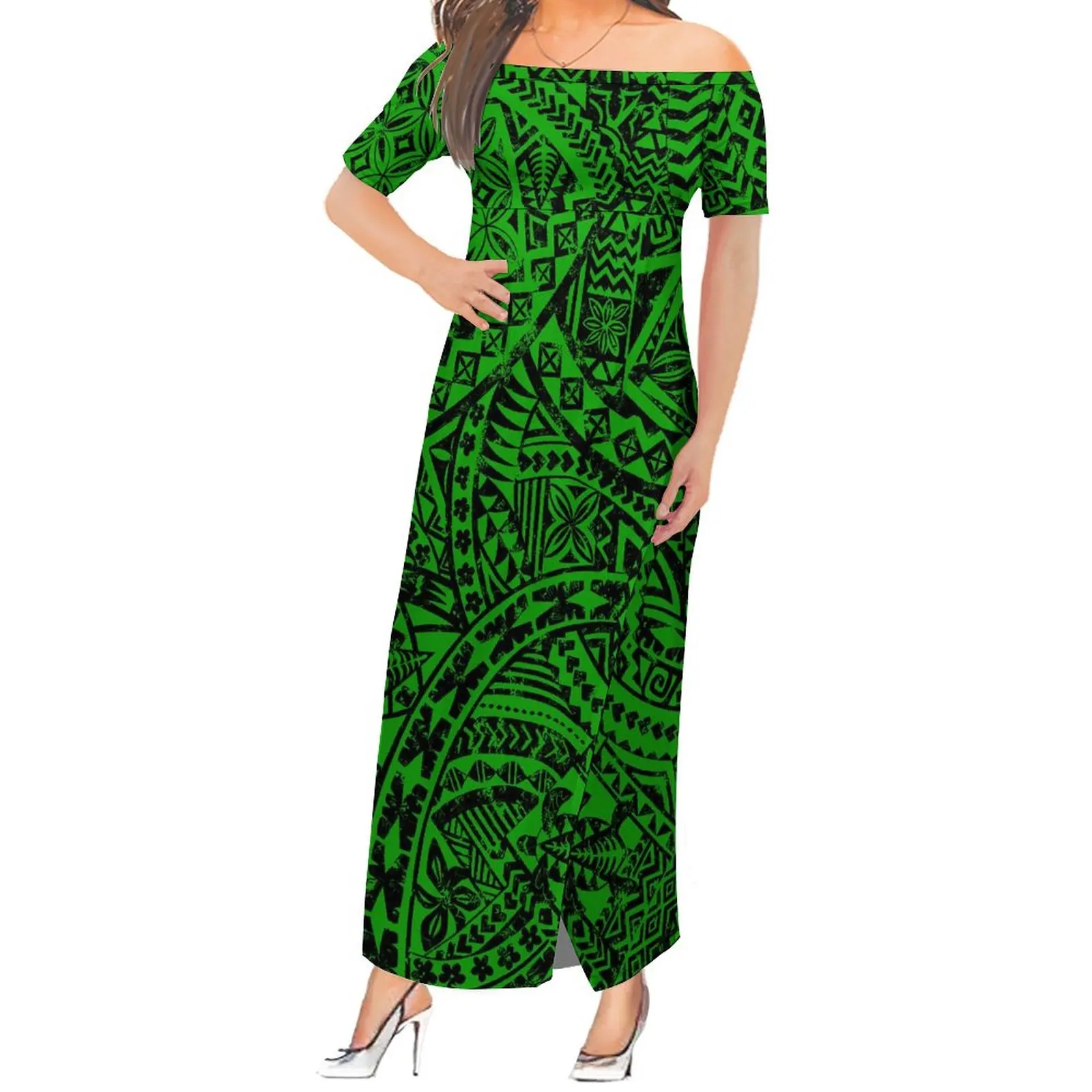 Woman Off Shoulder Dress Hot Slit Dress Samoa Green Fabric Personalize Polynesian Print Bodycon Clothing