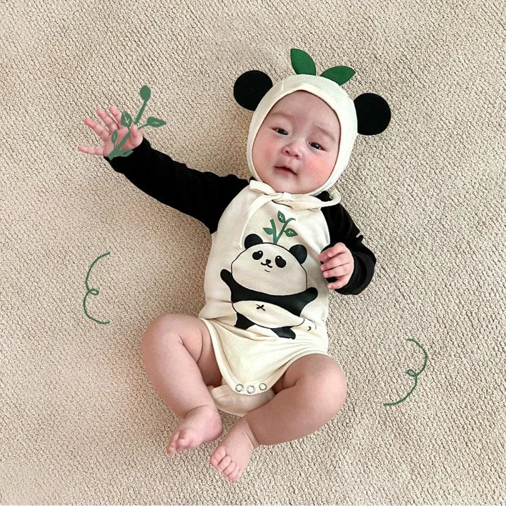 2026 Panda Print Baby Clothes Infant Boys Girls Onesie with Hat Spring Romper Cotton Bodysuit for Newborn