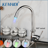 KEMAIDI LED  Kitchen Sink Faucet 360 Degrees Chrome Kitchen Faucets Basin Sink Mixer Deck Mounted Single Lever Tap