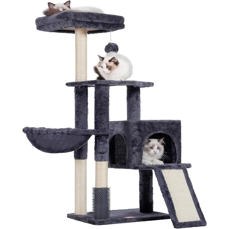 

Heybly Cat Tree with Self Groomer Brush, Tower Condo for Indoor Cats with Padded Plush Perch, House with Basket Scra