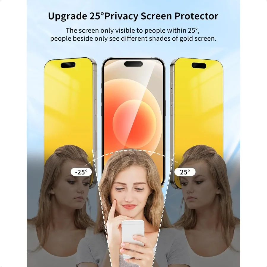 واقي شاشة الخصوصية لهاتف iPhone 17 Pro Max 6.9 بوصة متدرج من الزجاج المقسى الذهبي لهاتف iPhone 17 ProMax 25 درجة مضاد S