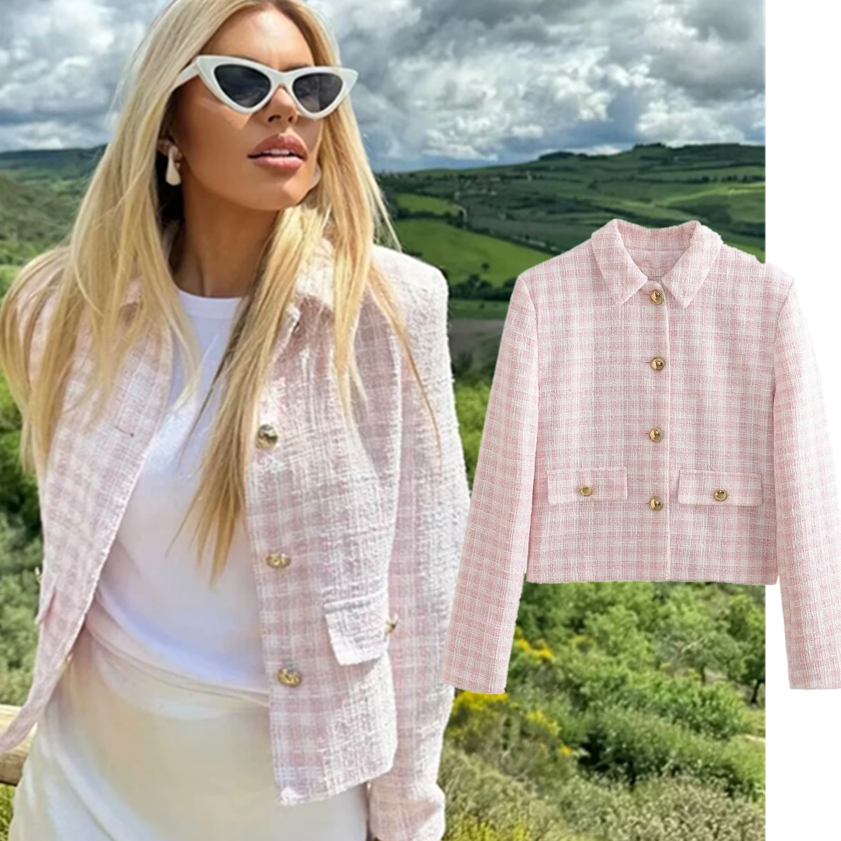 

Withered Autumn New Arrival Tweed Woolen Blazers Women Suit Jacket Gold Single Breasted Fashion Pink Plaid Casual